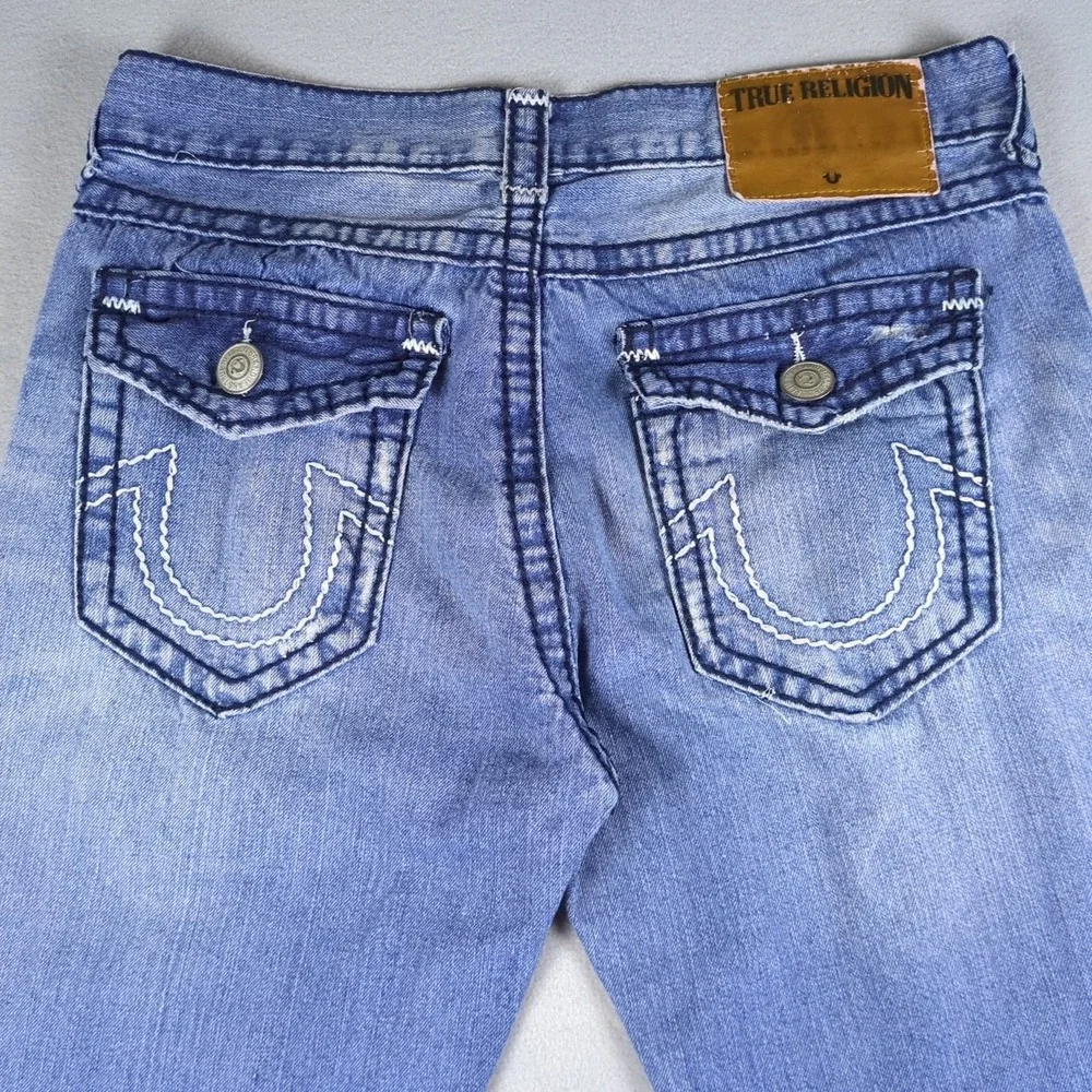 True Religion Ricky Jeans Mens 34x31 Blue Distressed Stone Wash Flap Pockets USA
